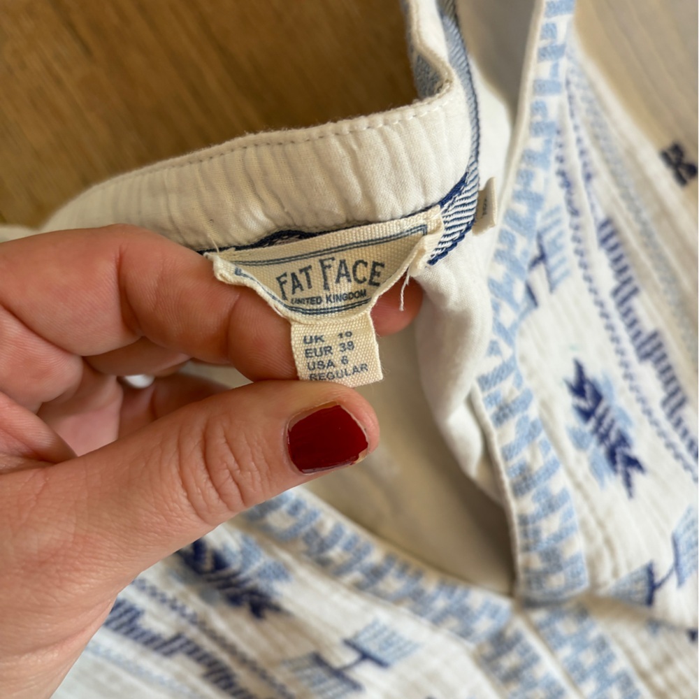 Fat Face Embroidered Boho Tunic Dress Cream Blue Cotton Tiered Mini Size 6 - Picture 8 of 9